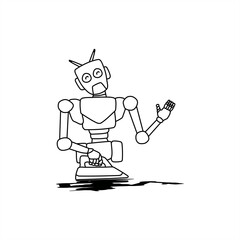 line art illustration with shadow below of a robot ironing for an icon or logo