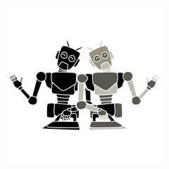 silhouette and colorful illustration of two robots ironing for icon or logo