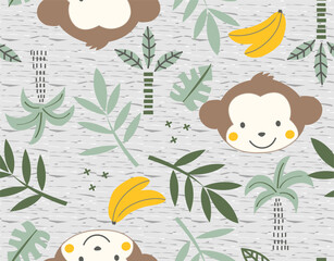 Fototapeta na wymiar Seamless pattern with monkey, cute monkey pattern, Baby monkey with banana, banana vector, Jungle print