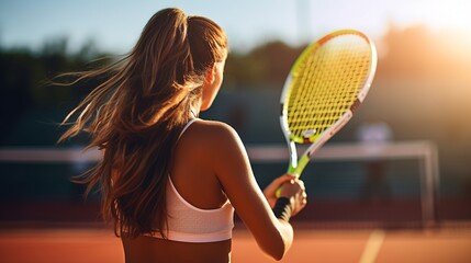Rear view of female tennis players playing a match on the court on a sunny day - Powered by Adobe
