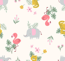 cute elephant vector, cute cheetah vector, cute flamingo vector, jungle pattern