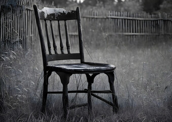old chair sitting in the grass by the fence, black and white photo art photography, horizontal picture