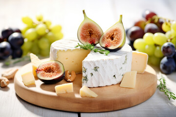 Assorted cheeses on a plate with grapes and figs. A spring food concept on light sunny background. Generative AI