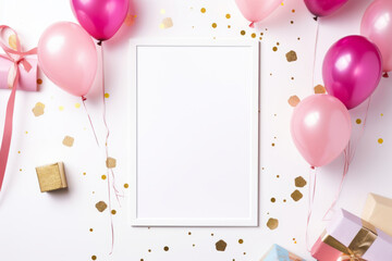 Blank white plain birthday invite mockup. Pink and white balloons, confetti. Generative AI