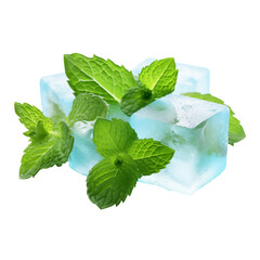 Natural crystal clear fresh mint leaves and ice cubes, isolated on transparent background. Generative AI