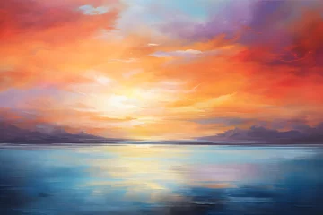Foto auf Acrylglas Orange Sunset Horizon Whispers, abstract landscape art, generative ai