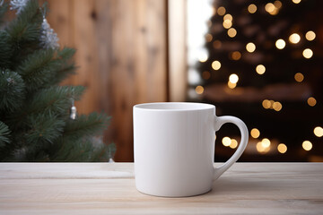 White blank coffee or tea mug with decorated christmas living room in background. Generative AI
