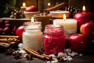 Obraz na płótnie Canvas Winter candles with rustic designs and apples. Generative AI