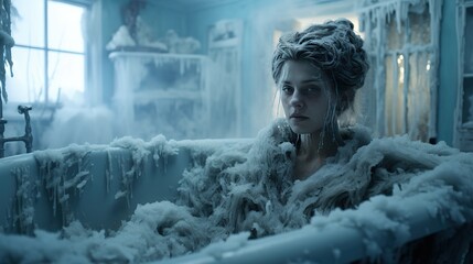 A woman sits inside a very cold bathtub with ice, frozen water. Problems with heating, rising costs of water and electricity, expensive bills for hot water in winter. heating and hot water turned off - obrazy, fototapety, plakaty