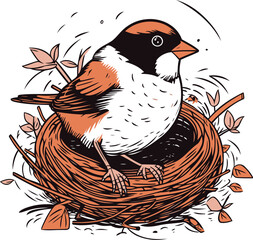 Bullfinch sitting in the nest. Hand drawn vector illustration.