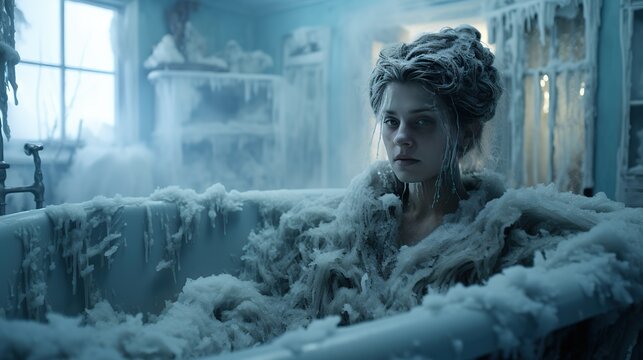 A woman sits inside a very cold bathtub with ice, frozen water. Problems with heating, rising costs of water and electricity, expensive bills for hot water in winter. heating and hot water turned off