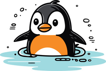 Obraz premium Cute cartoon penguin swimming in the water. Vector illustration.