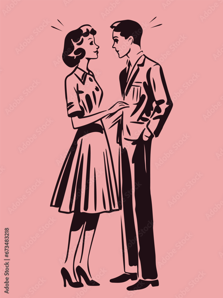 Wall mural retro cartoon illustration of a happy couple in sketchy simple style