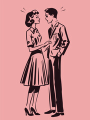 retro cartoon illustration of a happy couple in sketchy simple style