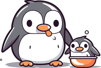 Fototapeta premium Cute penguin with a bowl of food. Vector illustration.