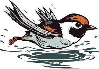 Illustration of a bullfinch on a background of water.