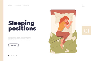 Sleeping position landing page template with happy healthy relaxed woman character in bed design