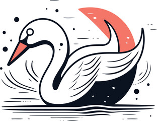 Swan on the water. Vector illustration in flat linear style.