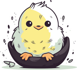Cute little chicken sitting in the egg. Vector illustration on white background.