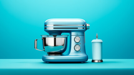 Electric kitchen appliances and utensils like mixer and machine for mixing ingredients on a blue counter top