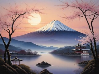 Beautiful Japanese landscape with Mount Fuji and cherry blossom trees at sunrise
