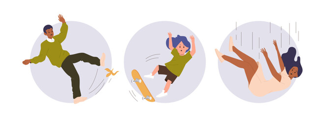 Isolated set of round icon composition with different people characters screaming and falling down