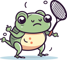 Frog with badminton racket and ball. Vector illustration.