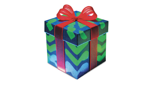 Gift hand painted blue and green 90's pattern box with red ribbon isolated on transparent background or white background.