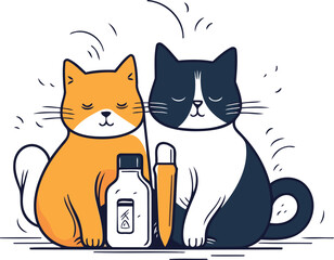 Cute cat and shampoo. Vector illustration in doodle style.