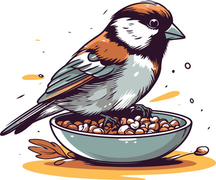 recommend clip art: Sparrow eating from a bowl of food. Vector illustration.