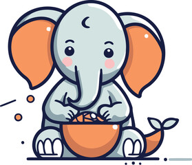 Cute baby elephant with a bowl of food. Vector illustration.