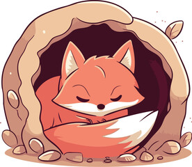 Cute cartoon fox in a cave. Vector illustration isolated on white background.