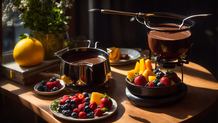 Chocolate fondue with various fresh fruits and berries