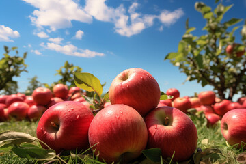 A crisp and vibrant depiction of a fruitful apple harvest under a clear blue sky.