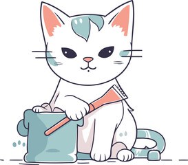 Vector illustration of a cute white cat with a brush and bucket.