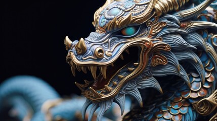 Blue wooden Chinese dragon statuette background. Navy Dragon's face of figurine. Happy Chinese new year 2024 Wallpaper concept..