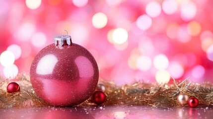 Pinkmas concept. Pink Christmas tree branches decorated with ornaments in pink color. Merry Xmas, Happy New Year 2024 in trendy colors. Vibrant colorful background for cards, invitations, greetings.