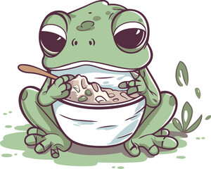Frog eating oatmeal. Vector illustration of a cartoon frog.