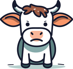 Sad Cow Cartoon Character Vector Illustration. Cute Cute Farm Animal Character