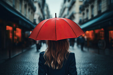 A young woman in a black clothes walking down a rainy evening city street with an red umbrella hat on her head. Back view. - obrazy, fototapety, plakaty