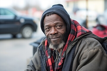 Portrait of positive old African American homeless man sitting on street. Poverty, misery, bankruptcy, homelessness, crisis, social welfare concept