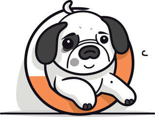 Cute pug dog in an orange circle. Vector illustration.
