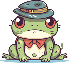 Frog with hat and bow tie. Cute cartoon vector illustration.