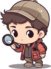Explorer boy with magnifying glass cartoon character vector illustration graphic design