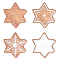 Obraz premium Set of gingerbread cookies. Watercolor hand drawn illustration of New Year's traditional sweets. Clipart on a white background on the theme of the Christmas holidays.