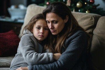 Sad Christmas. Mother hugs her daughter, wants to comfort and cheer her up because of sad and cold Christmas holidays. Solitude, loneliness, sorrow, loss, grief, divorce, bankruptcy, family problems - obrazy, fototapety, plakaty