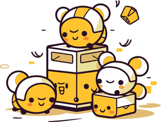 Vector illustration of a group of cute children playing with a toy machine