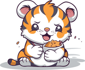 Cute little tiger with a bowl of food. Vector illustration.
