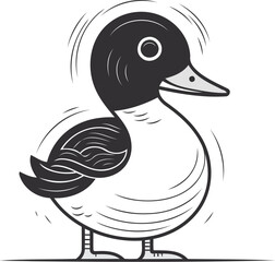 Duck on white background. Vector illustration in black and white colors.