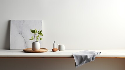 a kitchen towel placed elegantly on an empty marble countertop within a bright interior designed in a modern minimalist style, the simplicity and elegance of the scene.